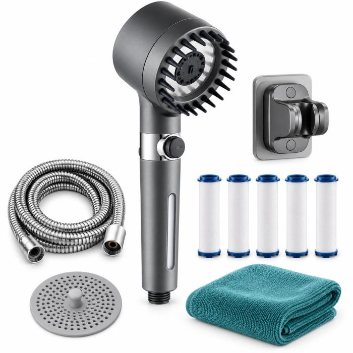 The Pet Edition shower head with hose, holder, filters, drain catcher and towel