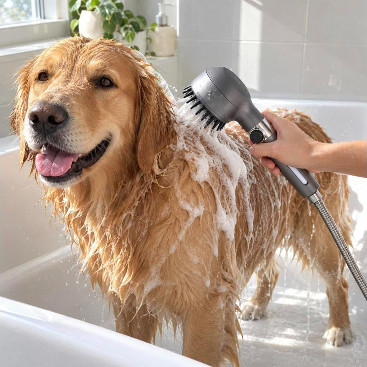 Soft bristles working shampoo through a wet golden retriever coat